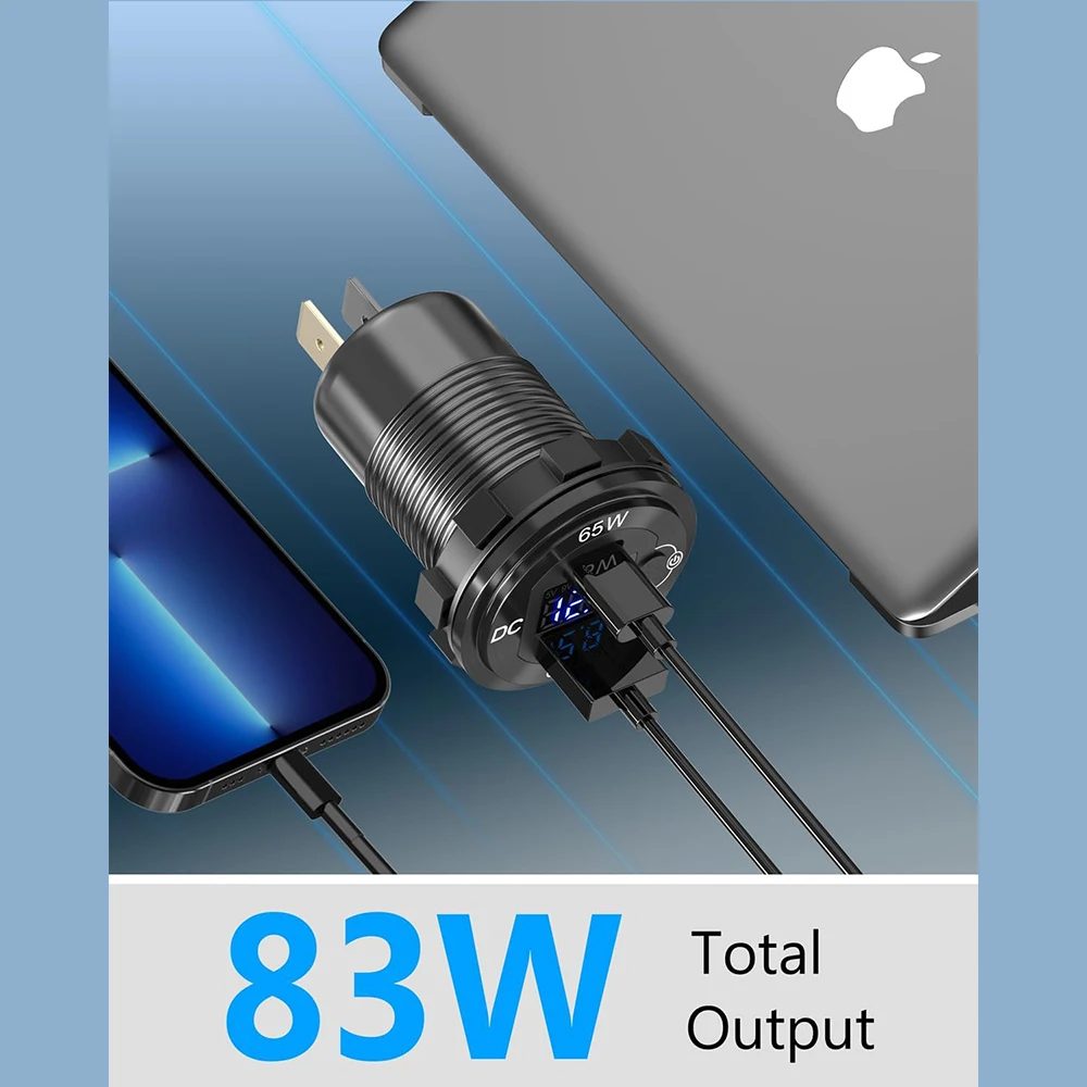 12V 24V Aluminum PD 65W for Laptop USB charger Socket and QC3.0 Multi USB Outlet with Voltmeter Ammeter and button Switch