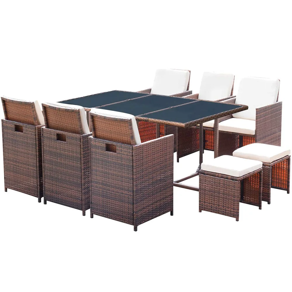 11 pieces Garden Sets Outdoor Furniture Dining Set Rattan Furniture Cushioned Tempered Glass W/Ottoman Brown(PE Rattan)