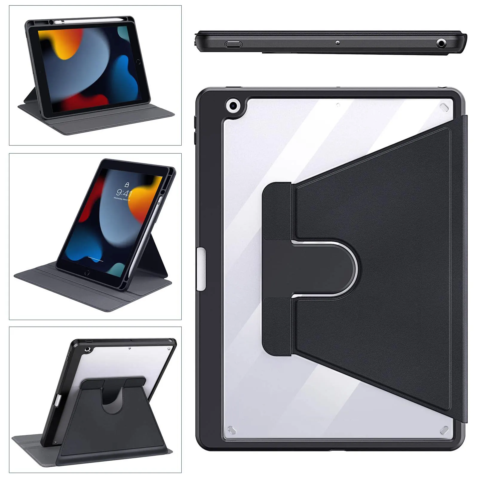 360 Rotating Case for iPad 10.2 Inch 9th 8th 7th Generation 2021 2020 2019 Pencil Holder Transparent Back Slim Auto Smart Cover