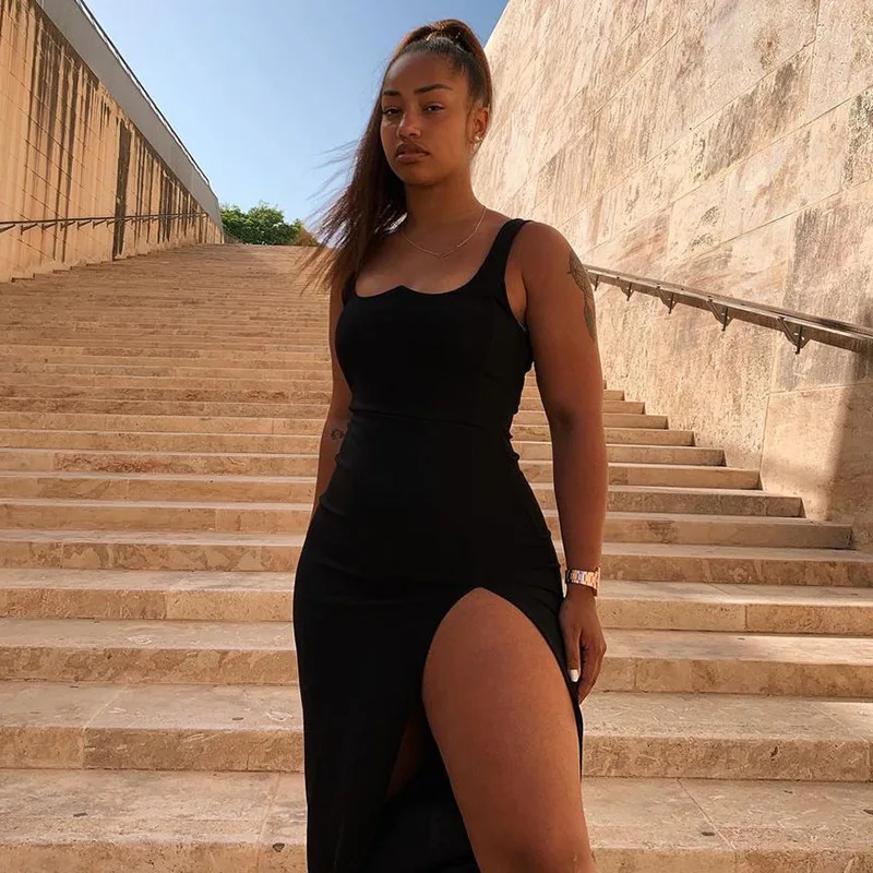 2022 New Arrivals long sexy spaghetti strap style bodycon black dresses wholesale