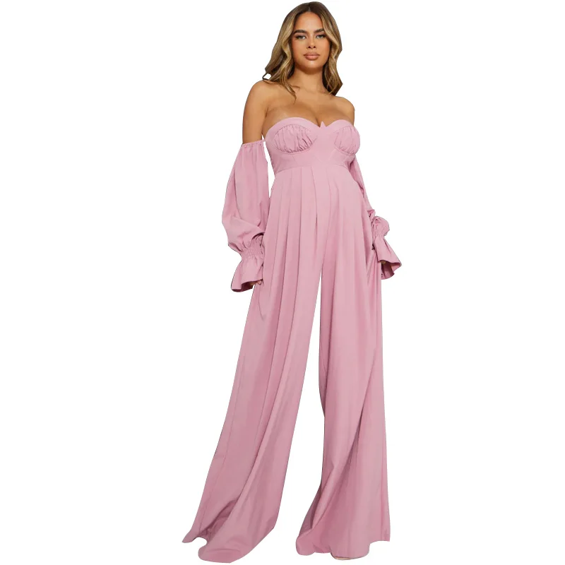 New fashion women s casual plus size loose  neckline one shoulder corset  wide leg  maternity jumpsuit