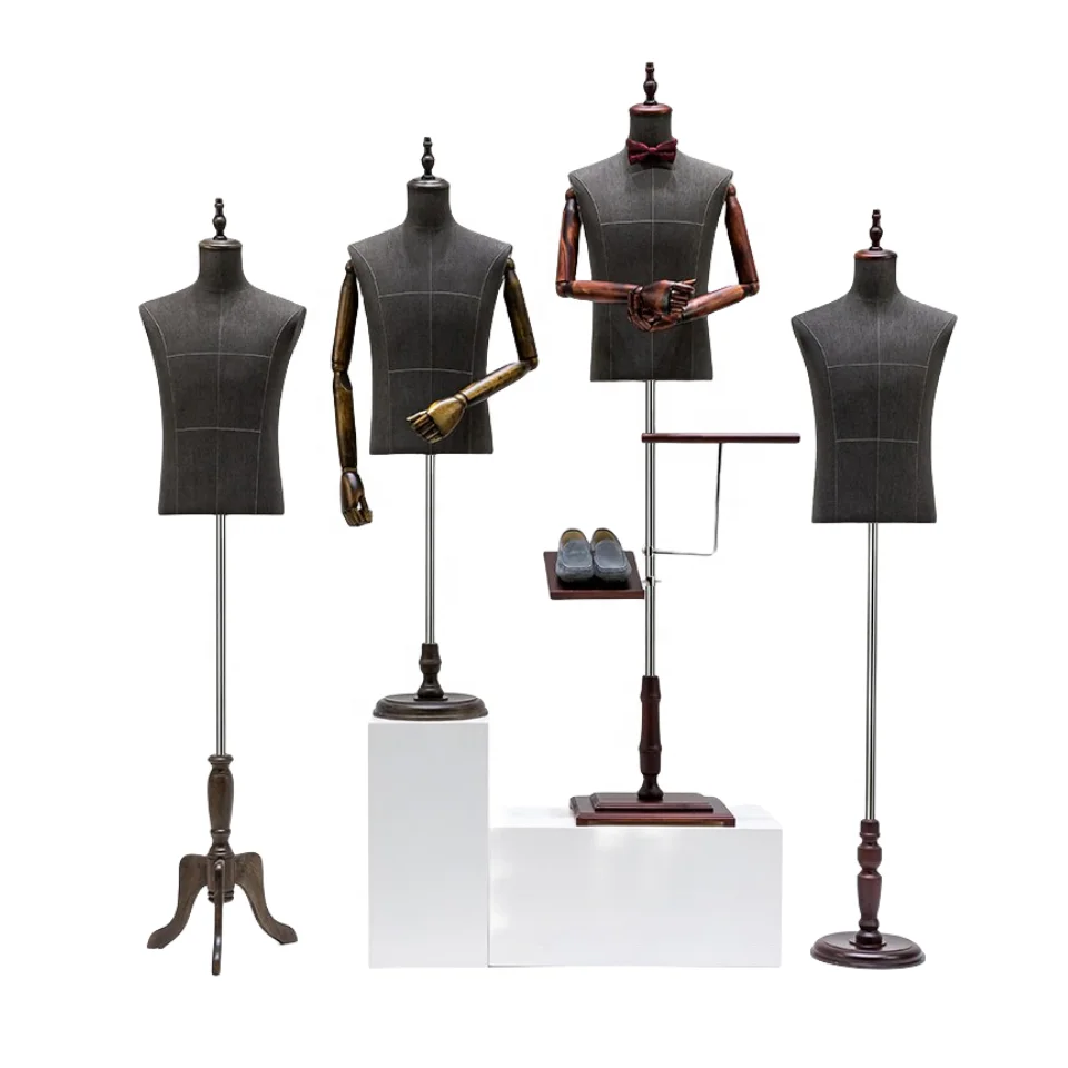 Half Body Male Mannequin Stand Torso Fabric Bust Manikin Dummy with Wooden High Grade Fiberglass Customized Covered Men Black