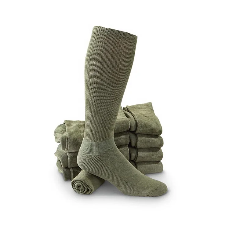 Double Needle Knit Knee High 100% Cotton Terry Army Green Mens Military Socks