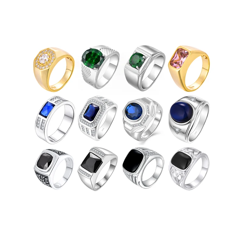 925 Sterling Silver Men Ring Cubic Zirconia Wedding Jewelry Green Stone Silver Finger Ring
