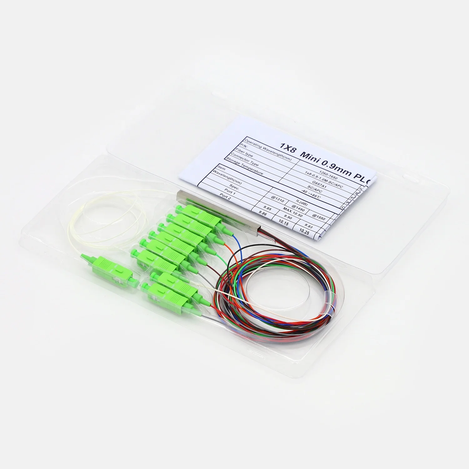 FTTH Optical PLC Splitter 1*8 Fiber Optic Splitter Mini Type Single Mode Steel Tube  with APC Connector