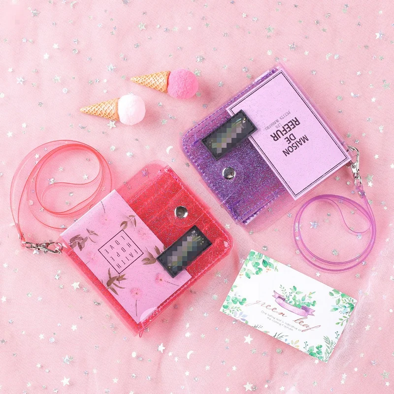 Glitter Card Pouch Fashion Transparent Purse Clutch Holder Hanging Neck Mini Coin Key Wallet ID Credit Card Bag