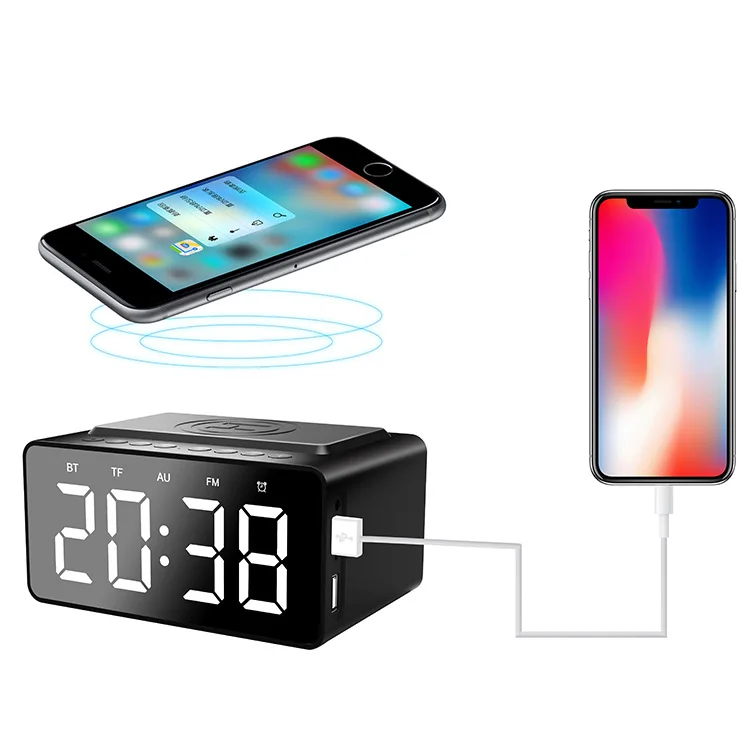 5W Wireless Charging Alarm Clock FM Radio WTS Speaker with Microphone