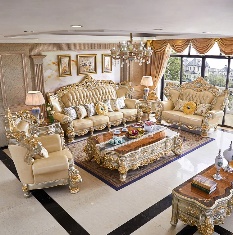 MR European Royal Luxury Villa Living Room Sofa Set Large Sized Solid Wood Carving Sofas with Noble Gold Finish Home Furniture
