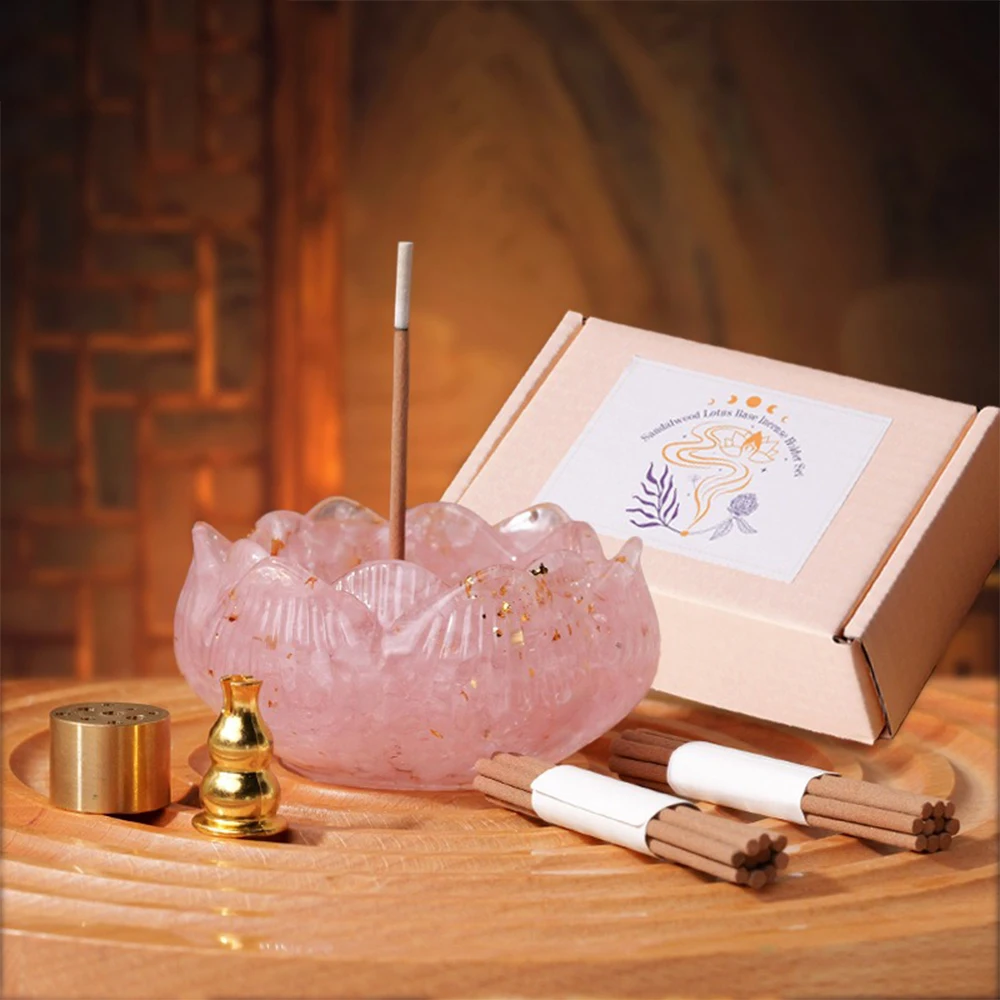 Handmade Crystal Chips Stone Resin Louts Flower Yoga Incense Tray Holder Natural Amethyst Stone Burner Ash Catcher Tray for Spa