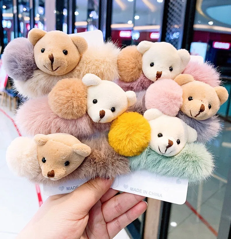 New Style Cute Bear Fur Plush Hair Rope Kids Elastic Hair Bands Rubber Hair Scrunchies For Girls