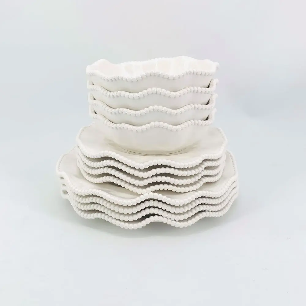 
Hot sale Cheap 12 pcs set dinnerware embossed beaded plate and bowl set white melamine dinner table sets 