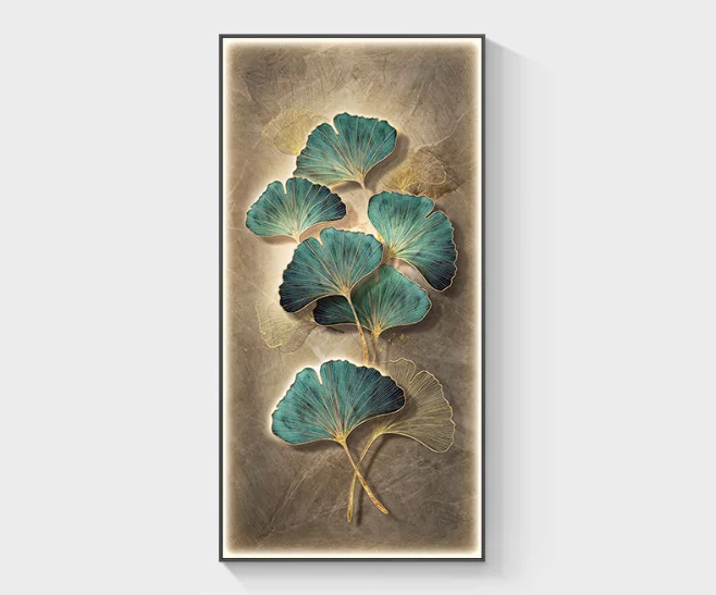 Modern Luxury Ginkgo Leaf Plant with LED Light Diamond crystal porcelain painting wall art frame home decor luxury