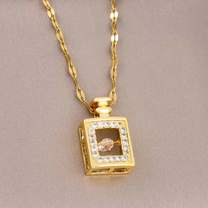 New Arrivals Pendant Perfume Bottle Shape Charms For Women Stainless Steel Rose Gold Sliver Inlaid Diamond Gemstone Necklace