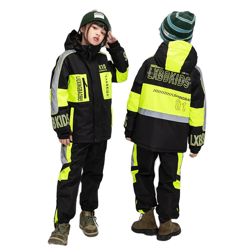 Customized Kids Baby Winter Reflective Stripe Warm Hooded Jacket Snowsuit Pants 2 Pieces Snowboarding Suit