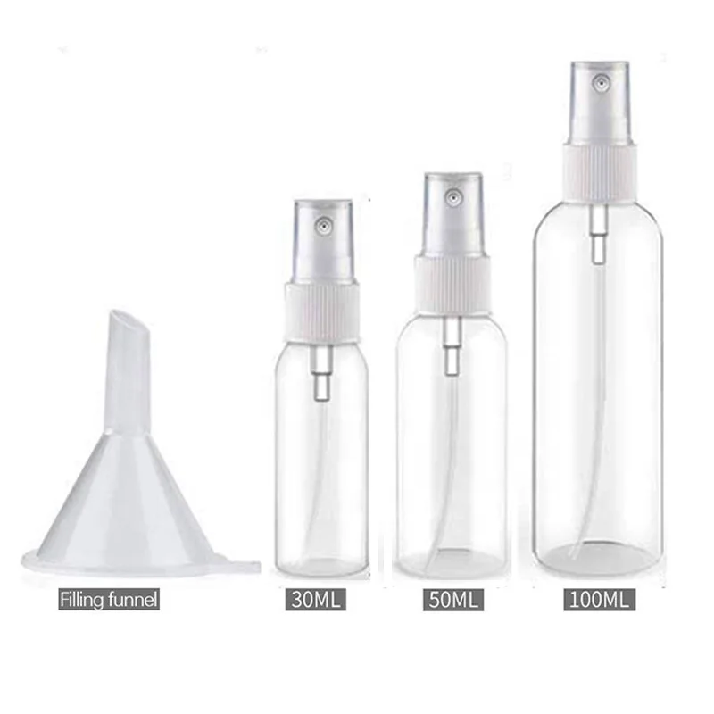 Уникальный небольшой пустой распылитель спирта 30 мл, 50 мл, 100 мл, Китай, 2 унции, ПЭТ, прозрачный пластиковый флакон с распылителем