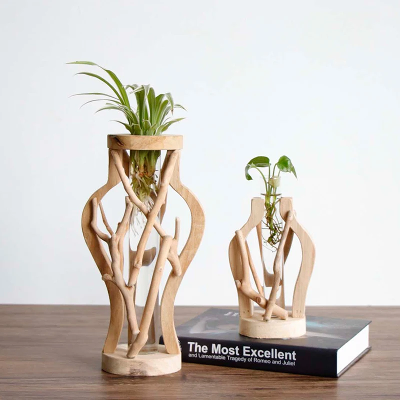 
Shengqu table glass test tube propagation hydroponic indoor plant vase with wooden frame 