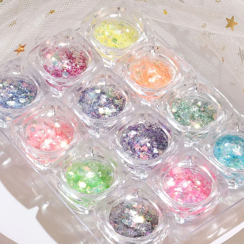 12 Colors Shimmer Aurora Mermaid Sequins Mixed Hexagon Sparkle Slices Nail Glitter Flakes