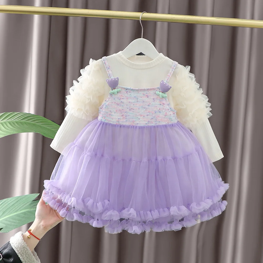 2024 New Autumn Baby Girl Long Sleeve Dress Cute Princess Dress Children Lace Mesh Dress