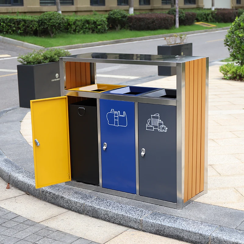 outdoor public recycled trash can stainless steel metal classified waste garbage bin with 3 compartments