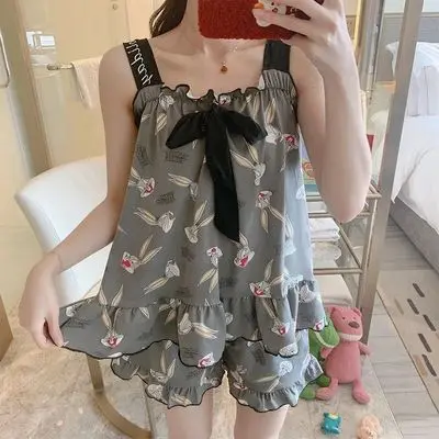 korean Thin sexy two piece sleepwear Sleeveless Sling Pajama Cute sweet girls sleepwear pajamas girls sleepwear