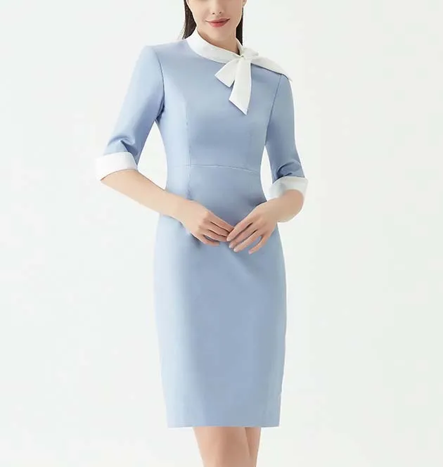 Custom new fashion office light blue slim Ladies Career Dresses