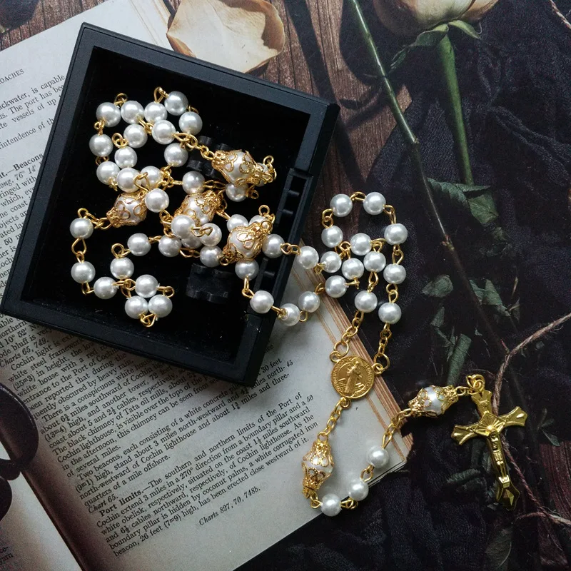 Religion Christ Pearl Jewelry Catholic Prayer Bead Necklace Cross Catolicos Mayor Muslim Rosary