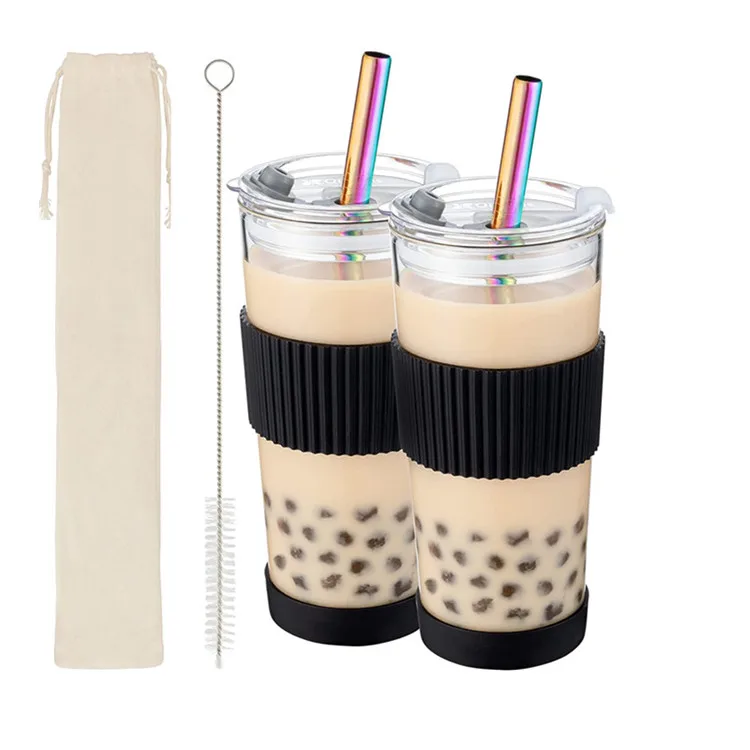24oz Leakproof  Reusable Borosilicate Glass Bubble Tea Cup with 12mm Straw Lid and Silicone Sleeve