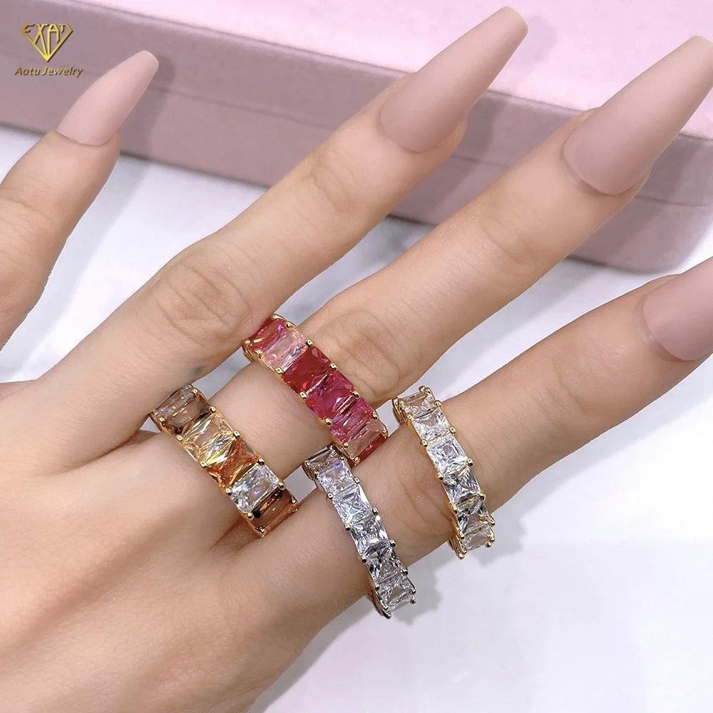 18K gold plated red corundum colorful baguette cz diamond open rings