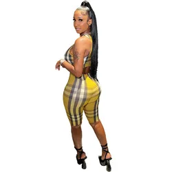 EB-2022052536   Summer plaid two piece outfit sexy women sweatsuit set tracksuit crop top tank top biker shorts sets