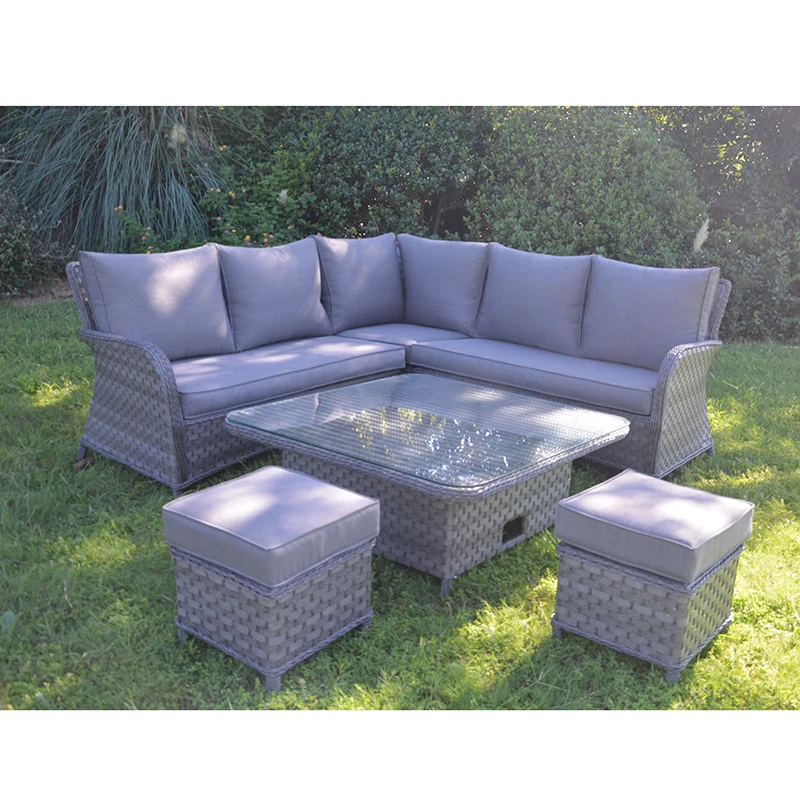 Outdoor Garden Patio Furniture  Rattan Sofa Set With Square Rising/Liftable Table With Ottoman/Stools