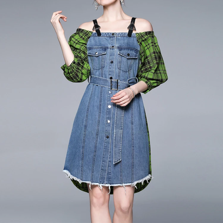 Fashion Summer off shoulder splicing patchwork sewing  washed Casual midi long Denim Jeans  women Dress