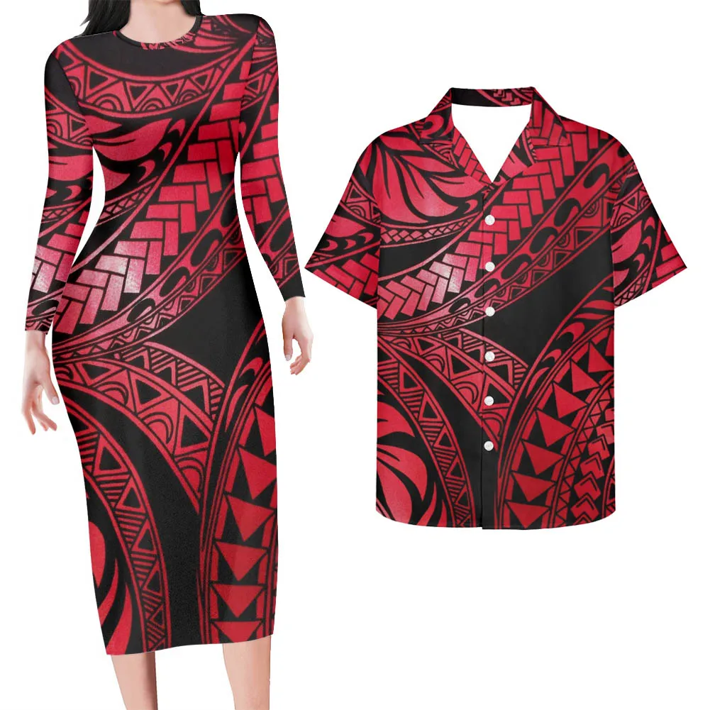 Yellow Samoan Tribal Long Sleeve Dress Women Casual 7xl Plus Size Women Dresses Summer Maxi Logo Print Custom Couple Clothes Set