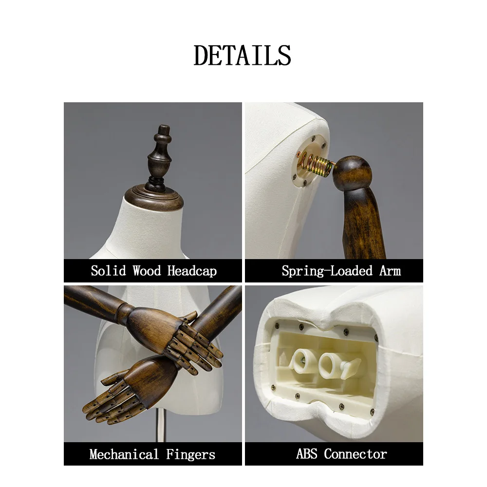 Clothing Store Display Clothing Linen Fabric Covered Mannequin Upper-Body Wooden Arm Half Body Mannequin Female with Wooden Base