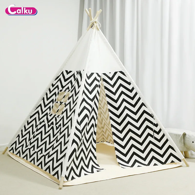 KAERKU indoor cotton children party play  toy teepee Striped tent toy wooden tipi tent kids tent for children