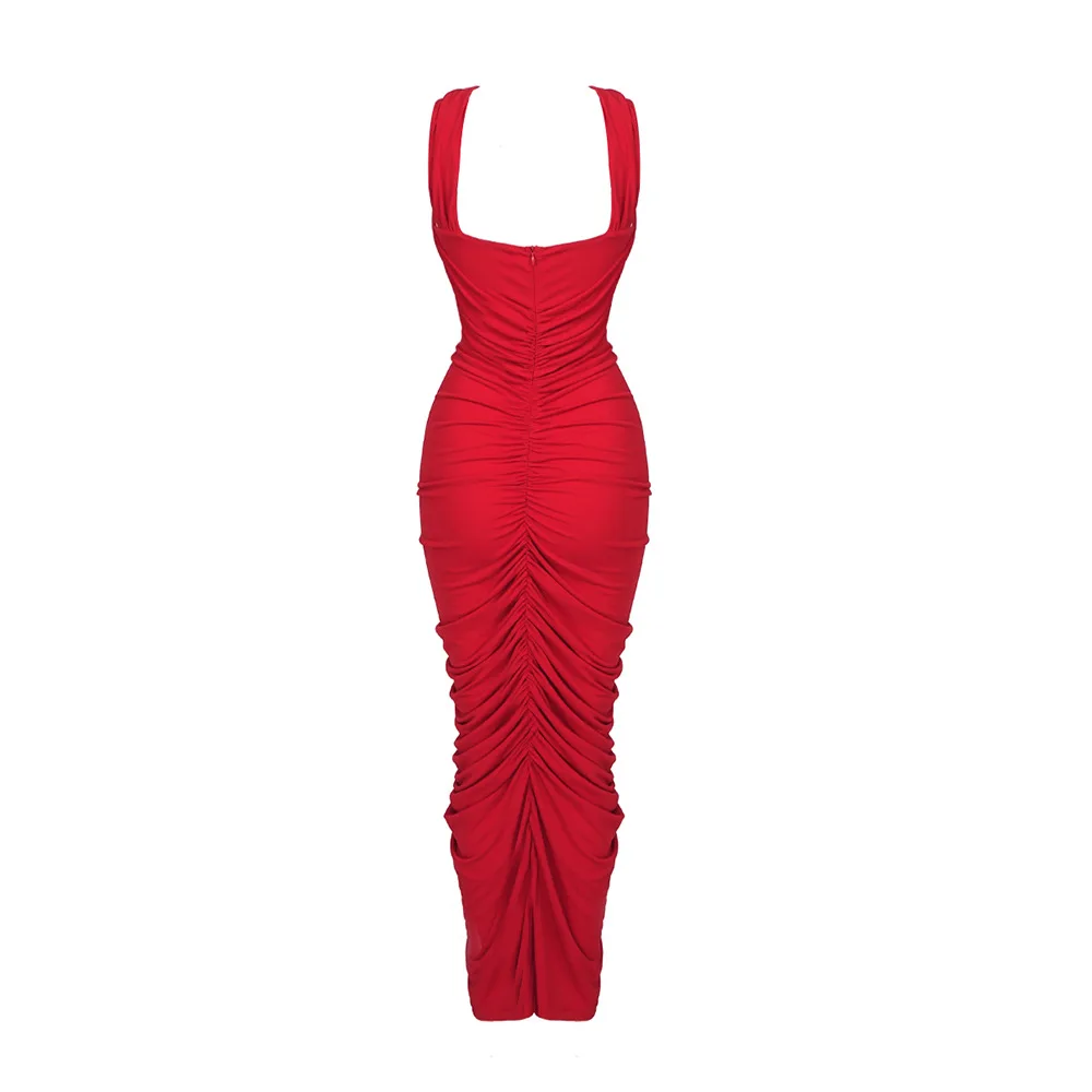 A7559 Western Style Red Women Midi Prom Dress Cutout Pleated Sexy Women Party Dress