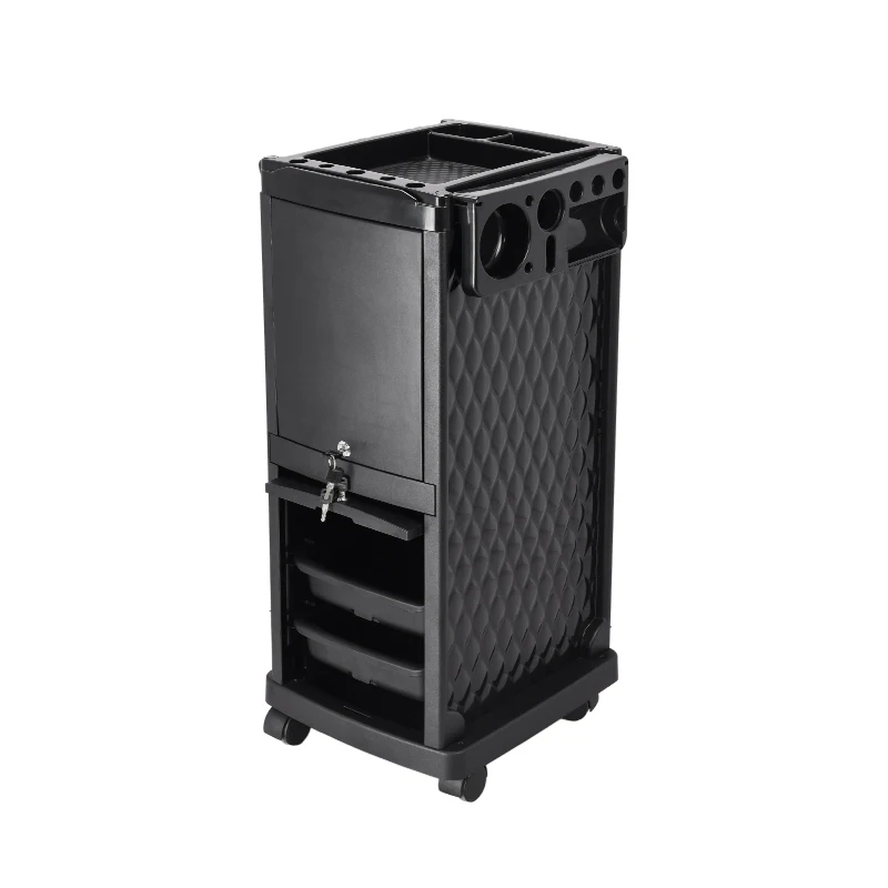 Hot Selling ABS materials Mobile Black Salon Trolley with 4 Wheels For Barbershop Hair Cart Beauty Furniture