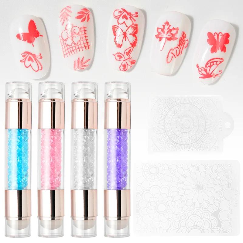 Double Sided Nail Stamper Stamping Plate Set Jelly Silicone Stamper Crystal Handle Nail Art Stamp Kits