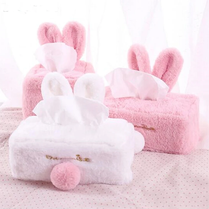 Kawaii Cute Portable Durable Room Rabbit Plush Car Home Square Tissue Box Paper Napkin Holder Case Cover