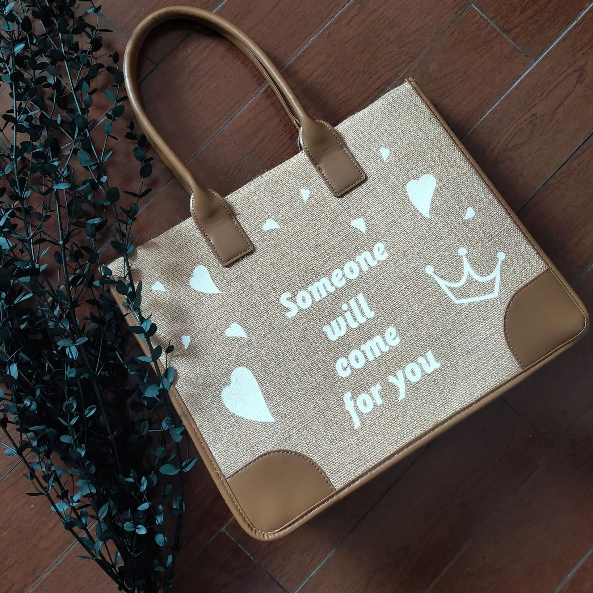 JAKIJAYI Blank/Logo Printed Leather Handle Friendly Recycle Custom Hemp Shopping Tote Jute Bag Wholesale