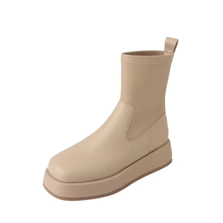 2022 New Arrival Basic Style Genuine Leather Ankle Women Wedge Flat Boots Shoes