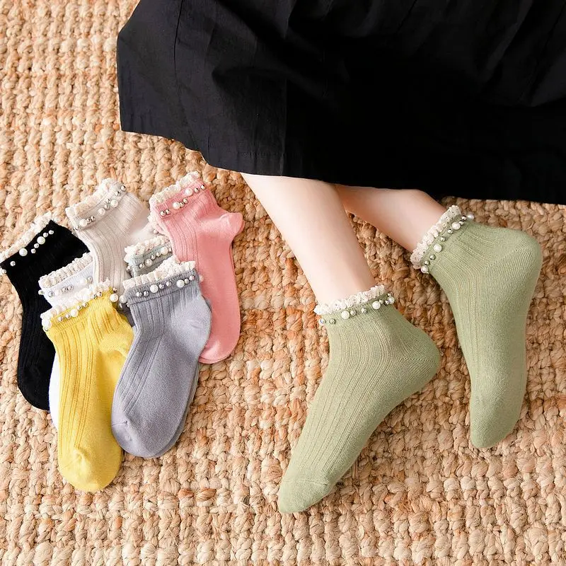 New Spring and Autumn Socks for Women Korean Version Japanese Pearl Lace Socks Calcetines Mujer Chaussette socks