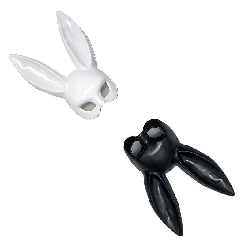 White Black Long Ear Bunny Rabbit Half Face Mask PVC Plastic Cartoon Half Face Mask for Halloween Christmas Easter Party Supply