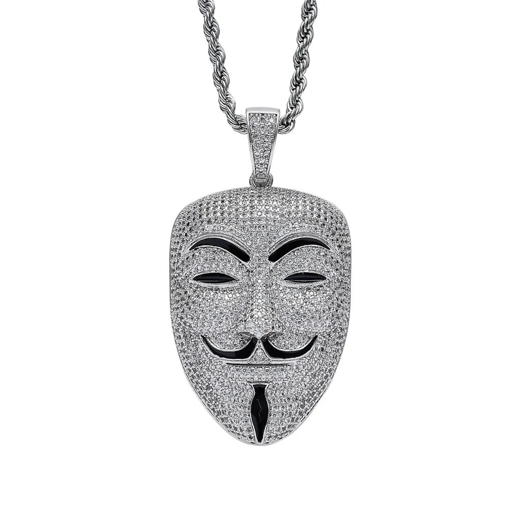 Men Pendant Gold Plated Iced Out CZ Full Diamond BLING Movie Revenge Team V-Vendetta Smiley Face Necklace