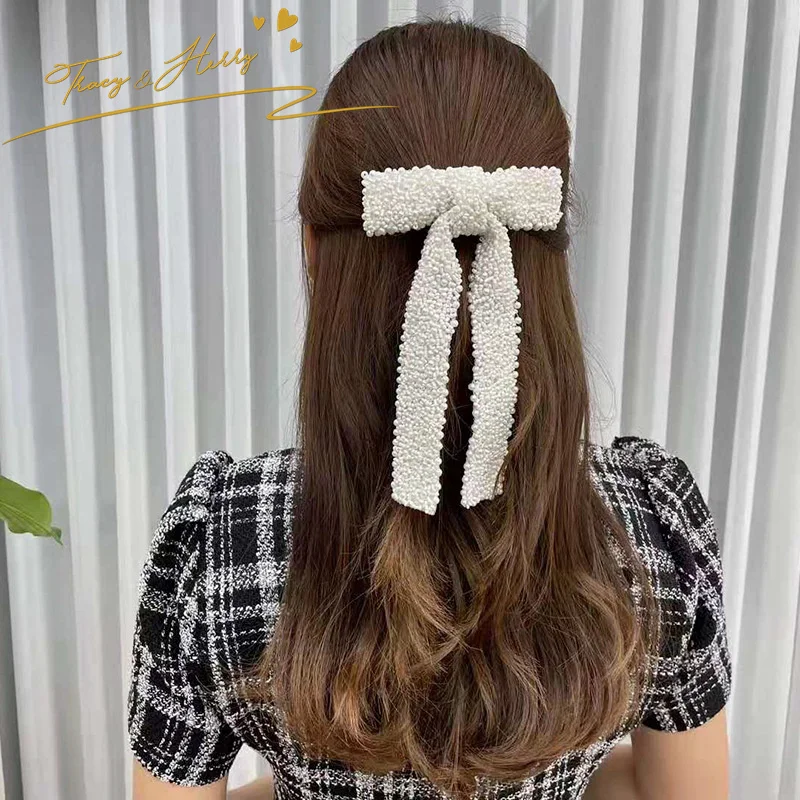 Tracy & Herry New Arriving Rhinestone Pearl Ribbon Butterfly Bow Spring Clamp Clips Beaded Hairpins Beaded Lady Ponytail