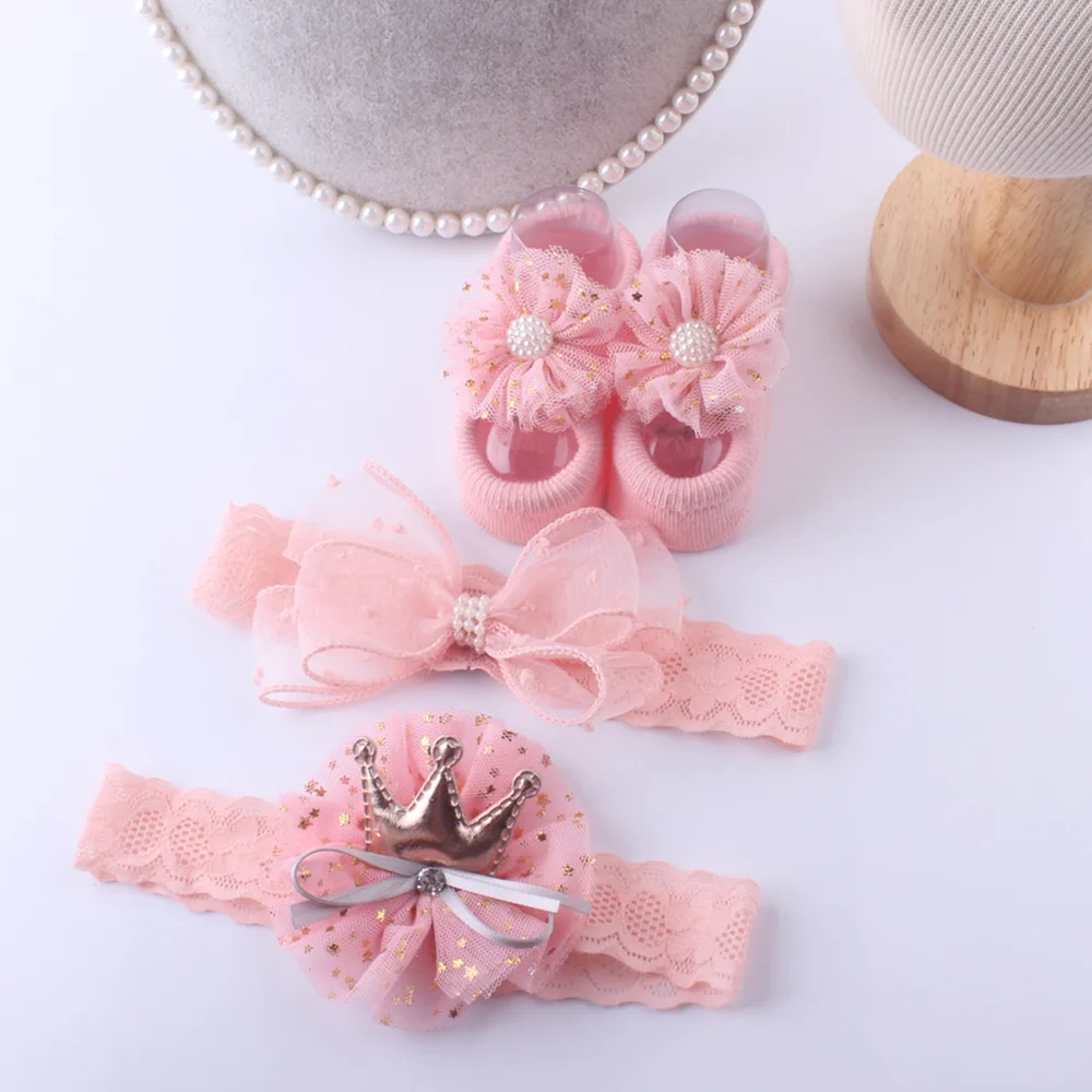 2 Hair Band One Sock Boat Shoes 9cm New Born Baby Gift Photo Props Lace Hair Hand Wholesale