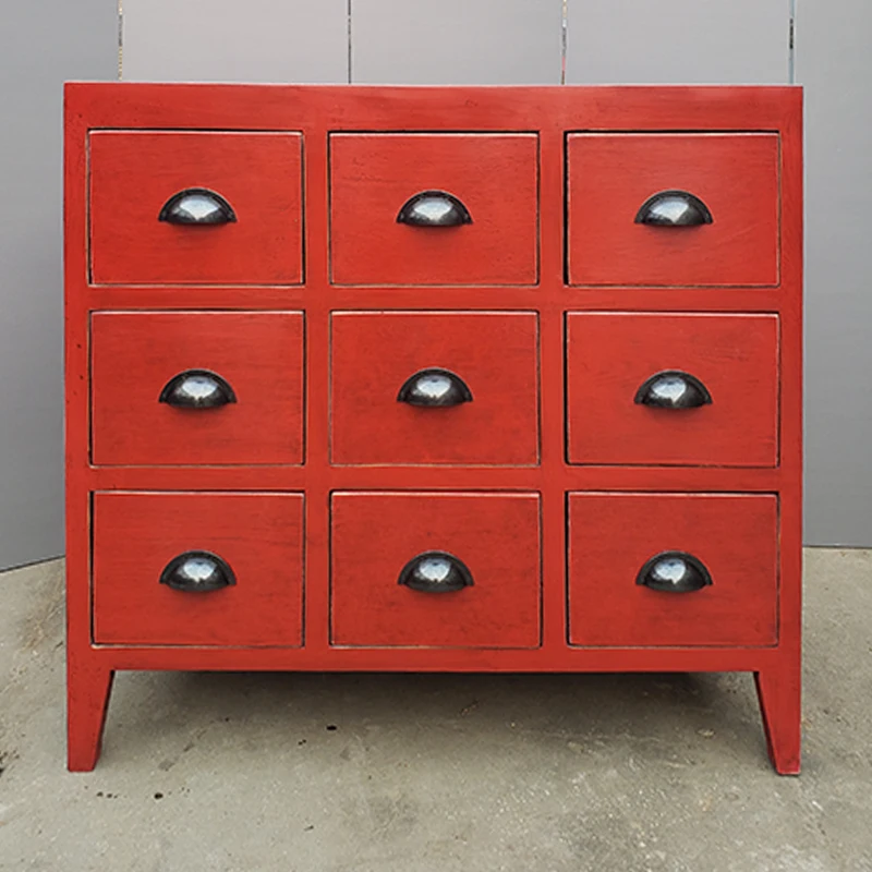 Antique nine drawers chest distressed lacquer living room kitchen sideboard furniture
