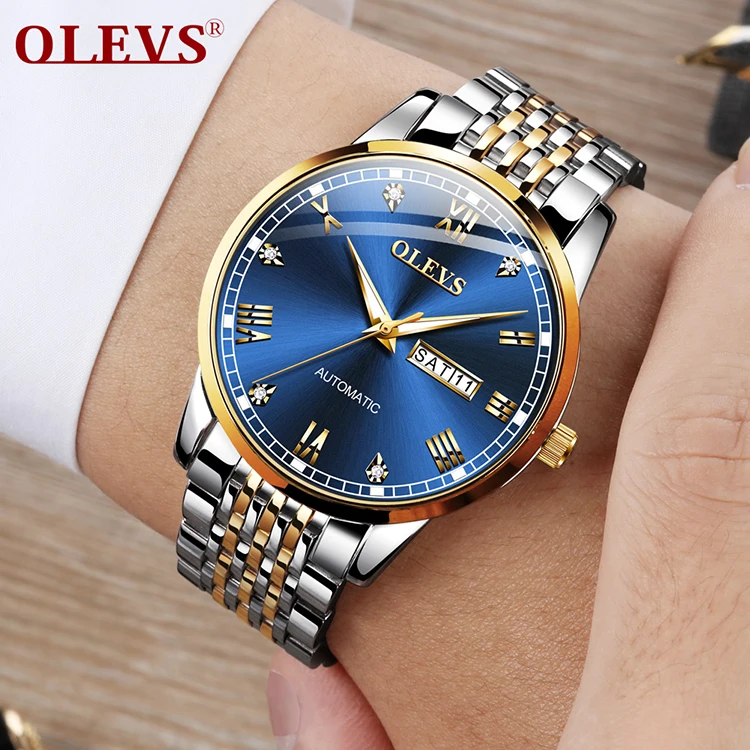
OLEVS OEM Luxury Automatic Movement Stainless Steel Custom Logo Waterproof Men Automatic Mechanical Blue Dial Men Watch 