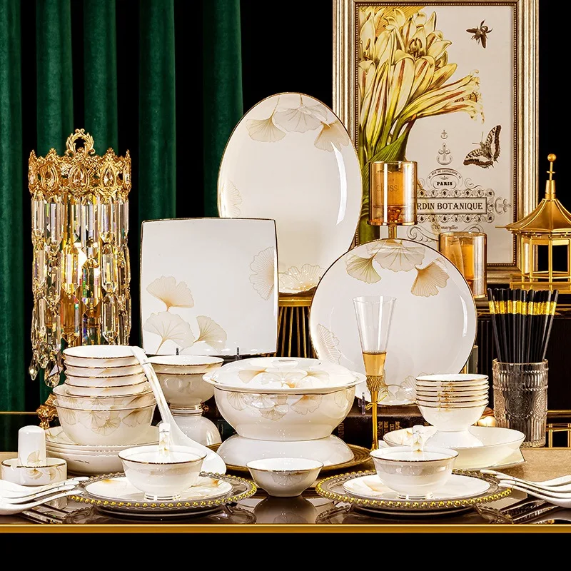 Ceramic tableware bowls plates dishes full set combination home light luxury style bone porcelain bowl tableware set