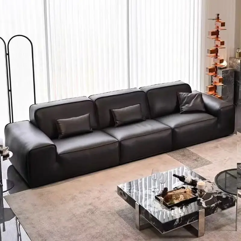 Black cow leather sofa living room Italian minimalist layer cowhide black tofu block all real leather sofa