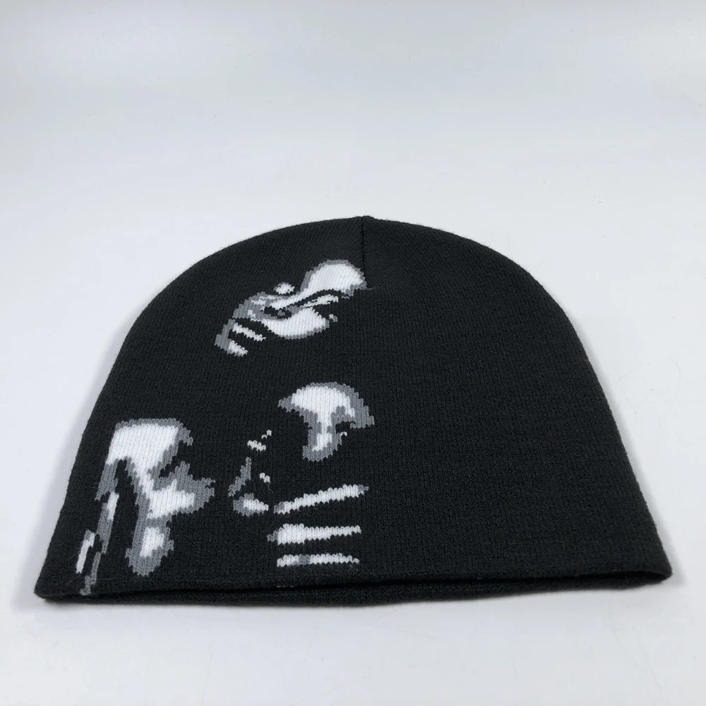 OEM custom logo pattern no fold beanie Men fashion black knitting winter hats Wind proof skull acrylic sports hip hop beanie